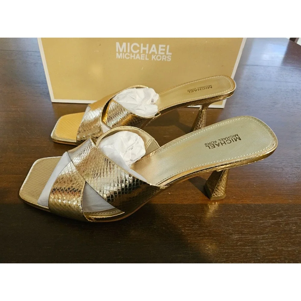 Michael Kors Clara Mule Square toe Sandals Gold Snake Skin leather New in box 10